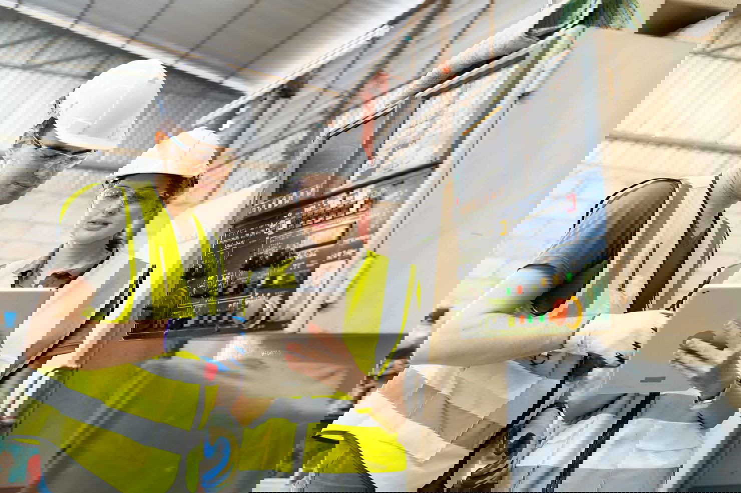 Opérateurs en usine utilisant tablette pour calcul OEE automatisé sur ligne de production industrielle
